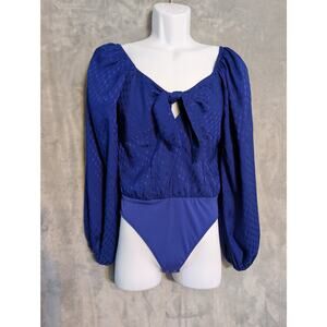 Express satin jacquard tie-front thong bodysuit in blue.